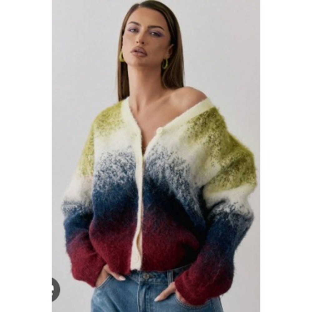 Musera Ombre Fuzzy Knit‎ Cardigan Sweater XS Gradient Wool Blend Maximalist Cozy
